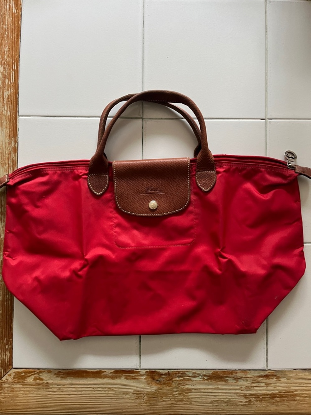 Longchamp Red Tote with Brown Leather Trim